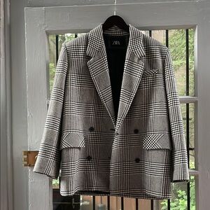Zara Black and White Glen Plaid Double-Breasted Blazer